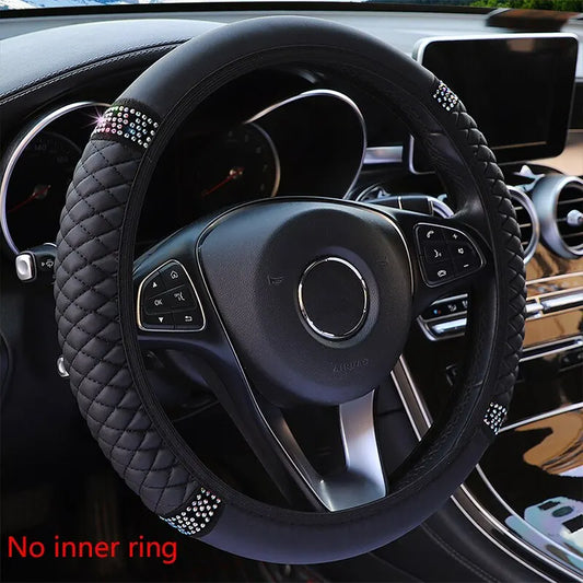 Funda para volante de coche sin anillo interior, cuero tridimensional bordado de Color con diamantes incrustados, transpirable, 37-38cm