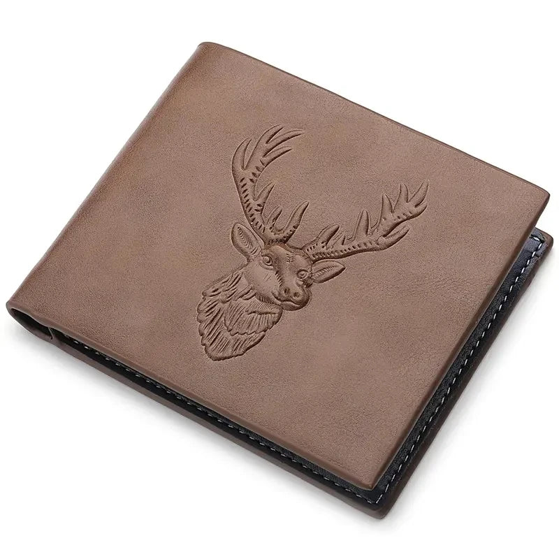 Men's Deer Head Pattern Wallet Classic 3D Embossed Design Make Three-fold Multiple Card Slots Leather Wallet