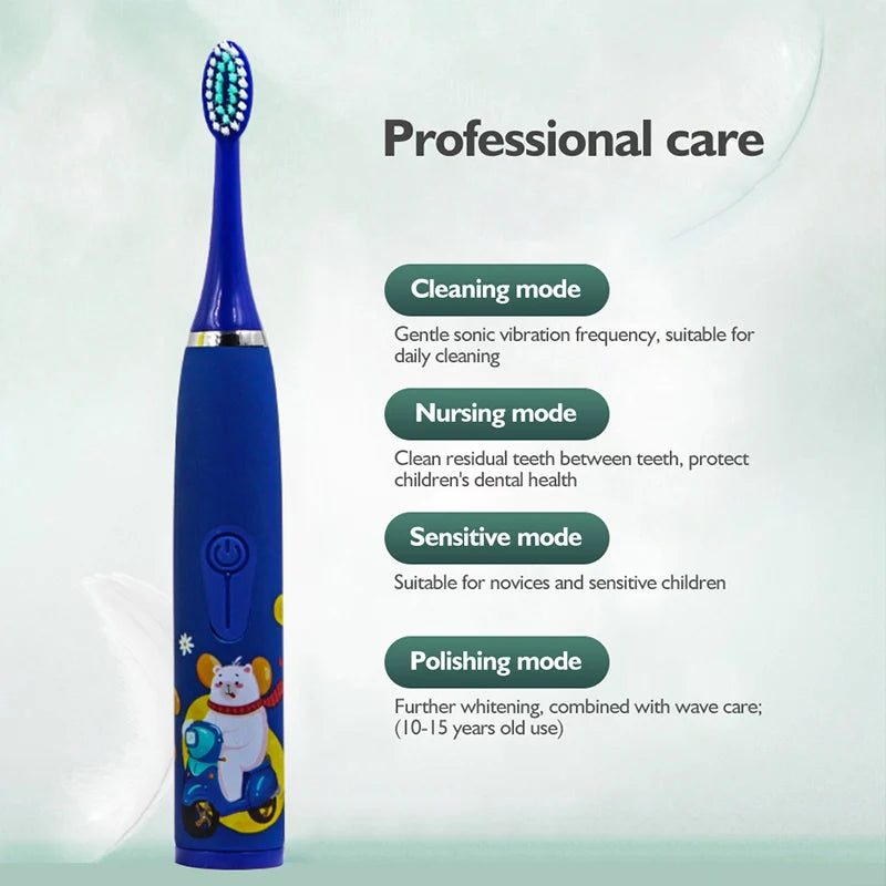 Cepillo Eléctrico Infantil Sonic con 12 Cabezas de Repuesto - Cepillo Automático de Caricatura, Resistente al Agua y Suave para Niños