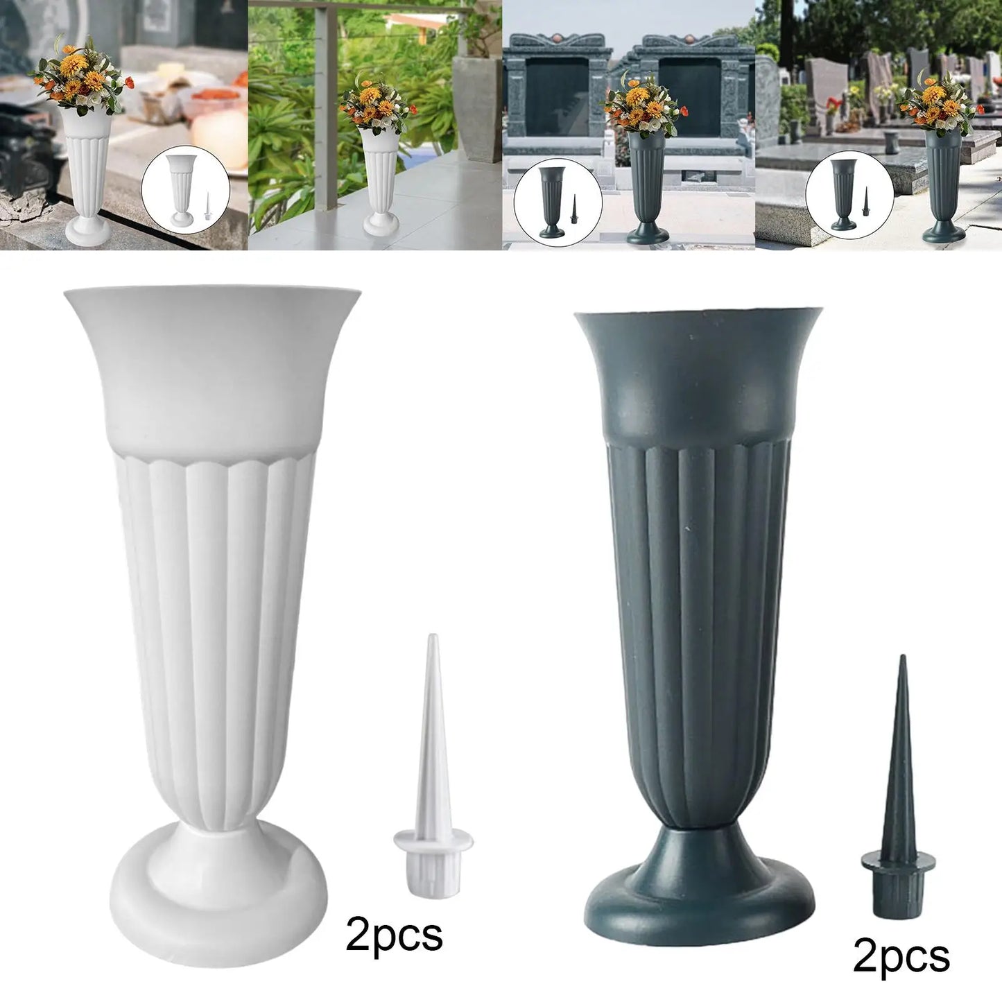 Jarrón Conmemorativo con Estaca y Base de Plástico para Exteriores - Decoración de Tumbas, Arreglo Floral, Paquete de 2