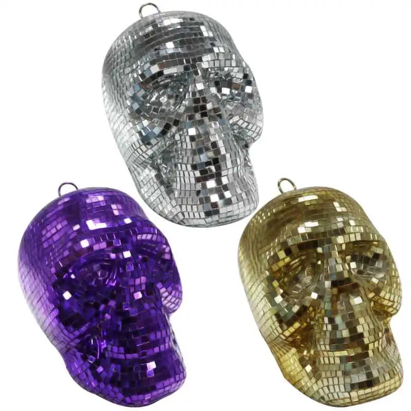 Bola de Discoteca Colgante de Calavera Plateada, Dorada y Púrpura - Adorno Reflectante de Espejo para Decoración Interior