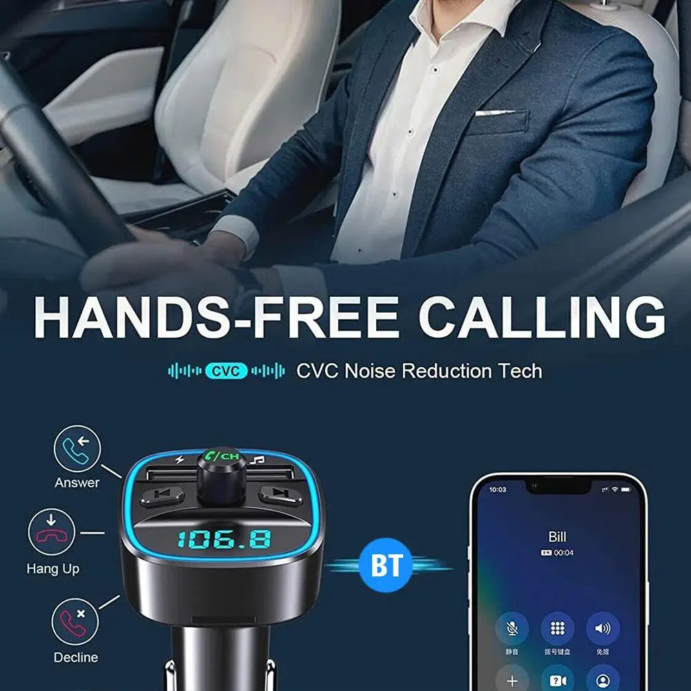 Transmisor FM Bluetooth 5.0 con Carga Rápida y Llamadas Manos Libres – Adaptador de Coche con Doble Puerto USB y Luz LED Azul