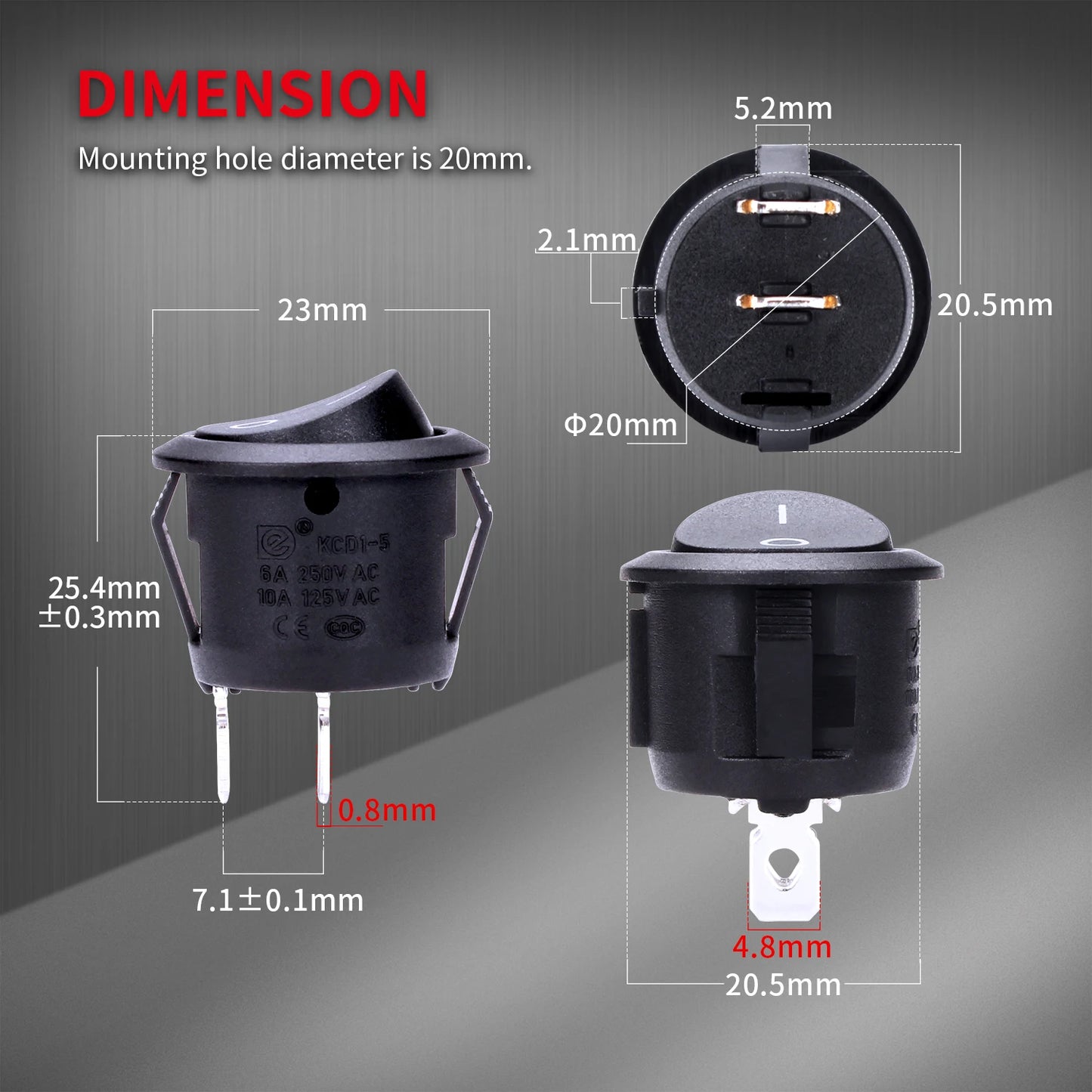 Juego de 5 Interruptores Redondos Rocker ON/OFF SPST de 20mm - Mini Interruptor para Automóvil 12V KCD1