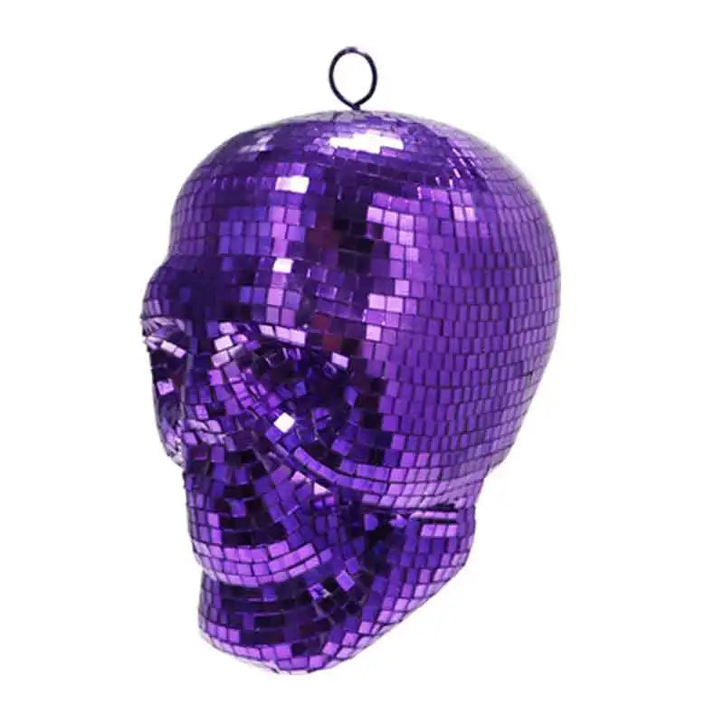 Bola de Discoteca Colgante de Calavera Plateada, Dorada y Púrpura - Adorno Reflectante de Espejo para Decoración Interior