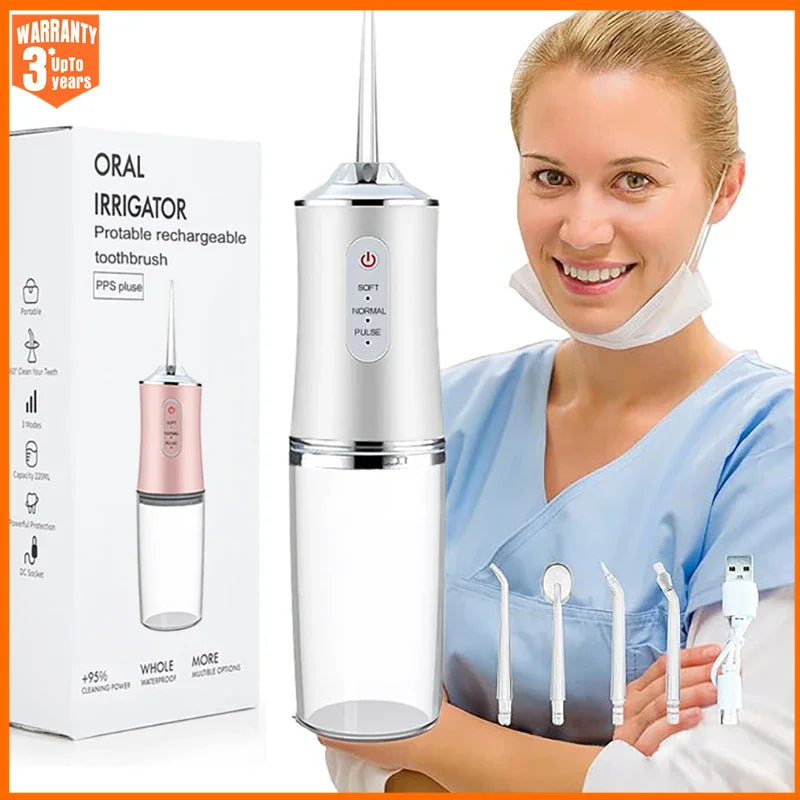 Irrigador Oral Portátil con Chorro de Agua, Recargable por USB, 4 Puntas de Chorro, 220ml, 3 Modos de Limpieza, IPX7, 1400rpm