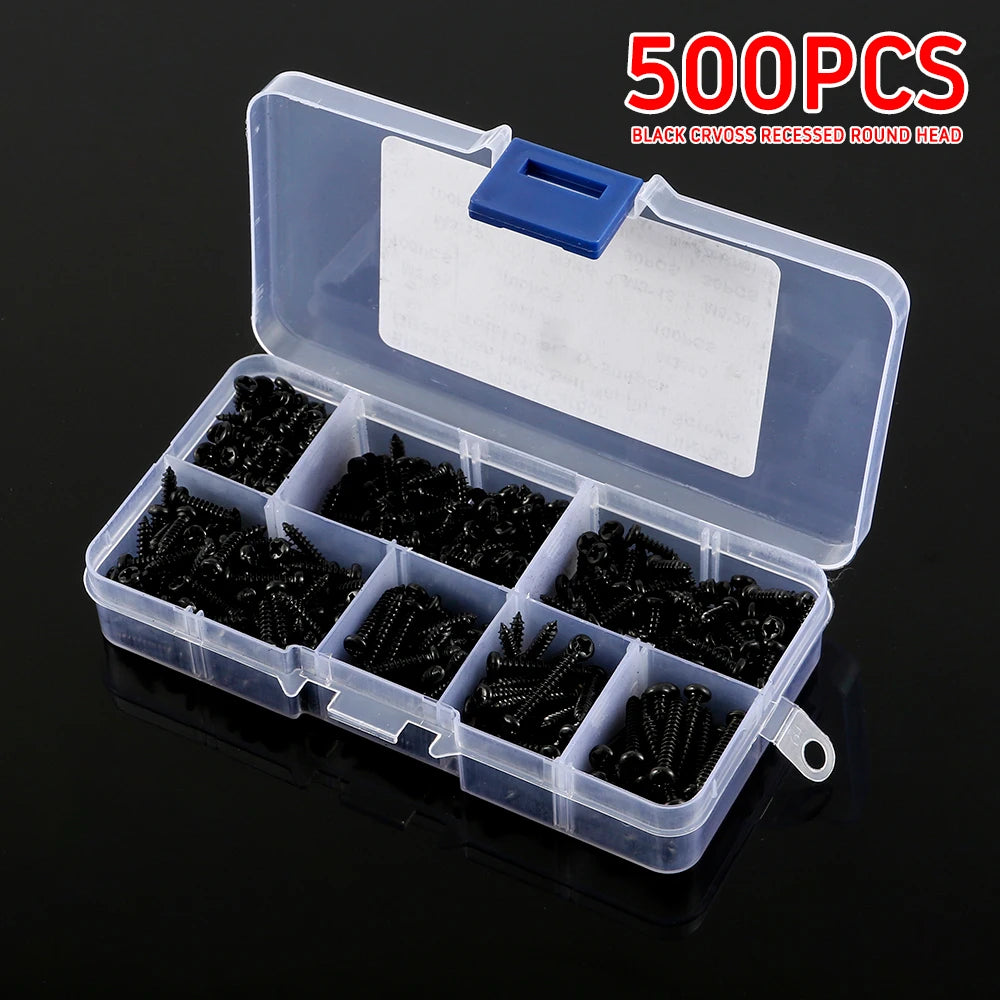 Kit de 500 Tornillos M3 de Acero Carbono - Tornillos Autoperforantes Negras con Cabeza Pan (6/8/10/12/16/18/20mm)
