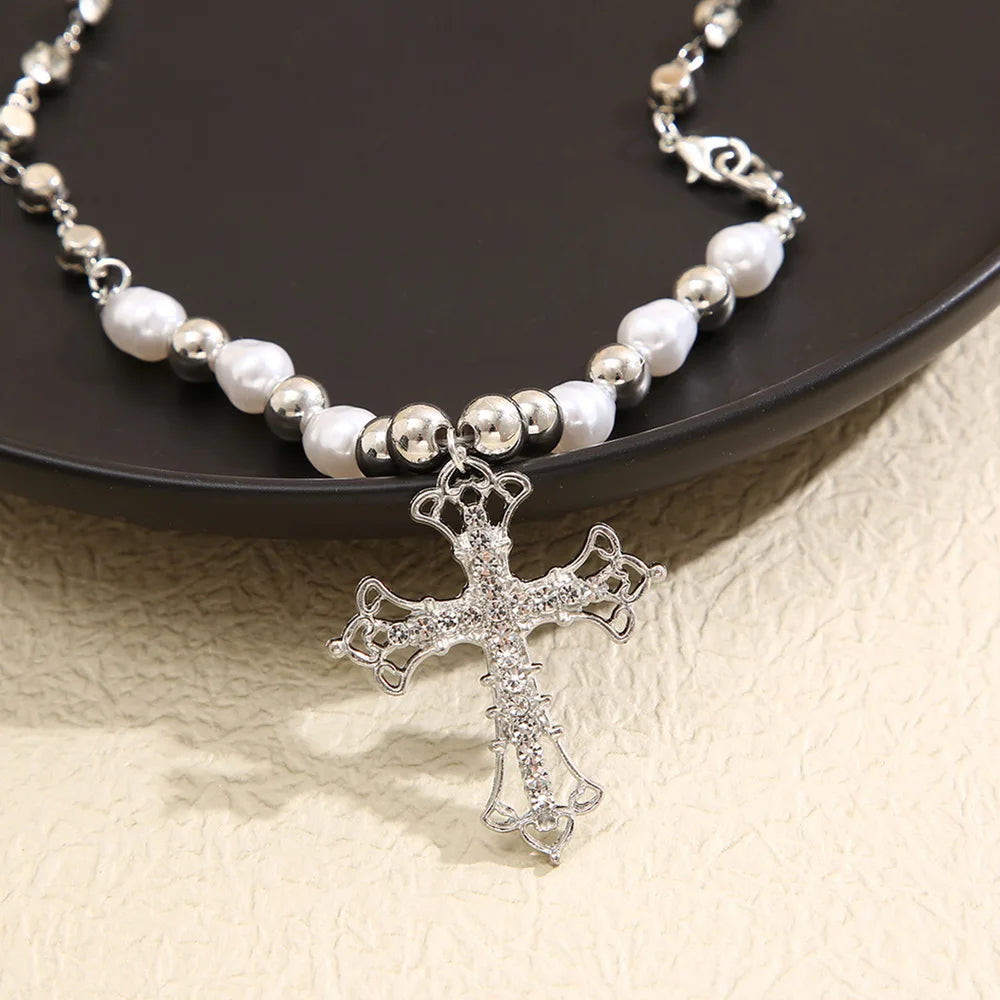 Collar de Pendant de Perlas con Cruz Y2K 2023, Joyería Hip Hop Retro para Mujeres, Collar Religioso con Cadena de Zircon, Regalos de Moda Punk para Fiestas