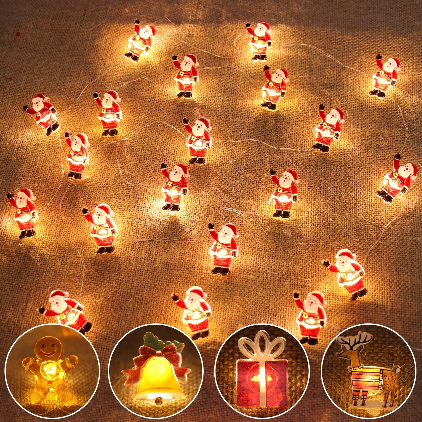 Guirnalda de Luces LED de Santa Claus, Muñeco de Nieve y Reno - Decoraciones Navideñas para Hogar y Árbol de Navidad