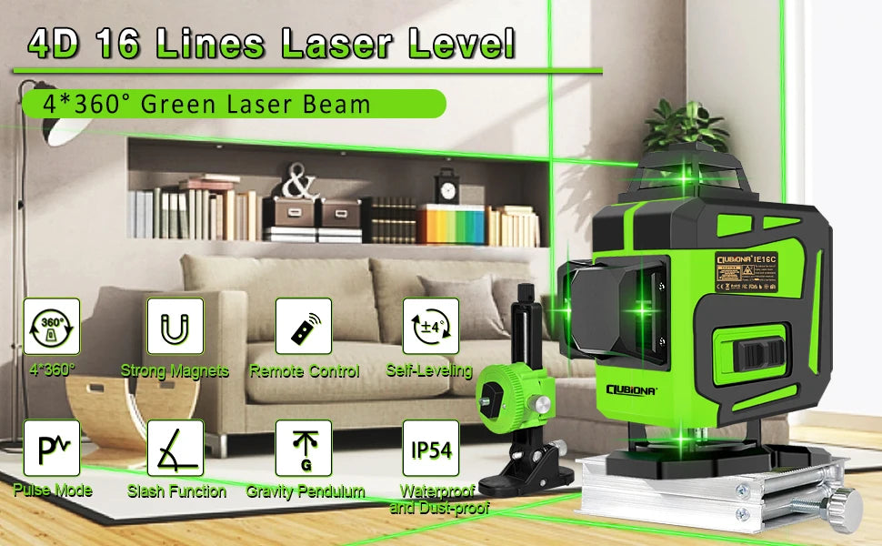 Clubiona Nivel Láser 16/12 Líneas Verde Autonivelante 360° Horizontal y Vertical, Rayo Verde Súper Potente, Herramienta de Nivelación con Modo de Pulso