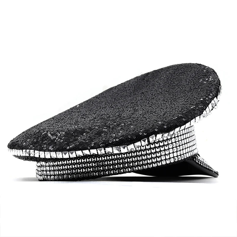 Sombrero Militar de Lujo para Mujer Decorado con Rhinestones | Gorra de Capitán para Bodas, Fiestas de Cumpleaños y Festivales - Estilo Casual