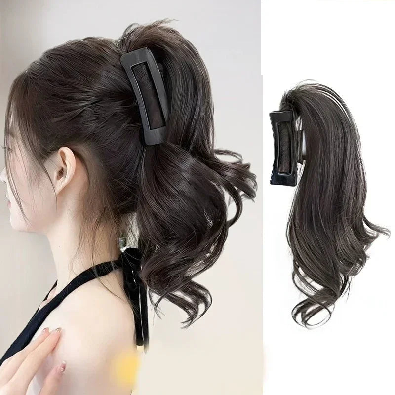 Peluca rizada de cola de caballo alta para mujer, de 30cm, cabello largo, Clip de tiburón trenzado, fuente de cascada, moda