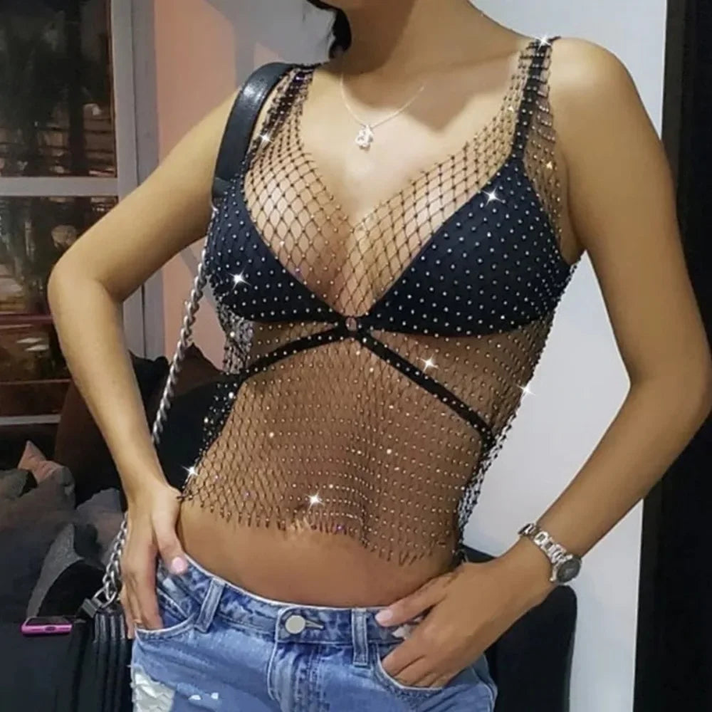 Top Transparente con Brillos para Mujer - Crop de Red con Brillantes Y2K, Ideal para Fiestas y Clubes