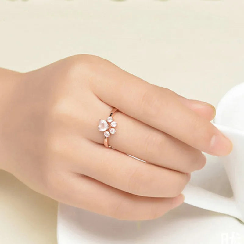 Anillo de apertura de garra de gato para mujer, sortija ajustable chapada en huella de cristal de oro rosa, joyería romántica de amor de boda
