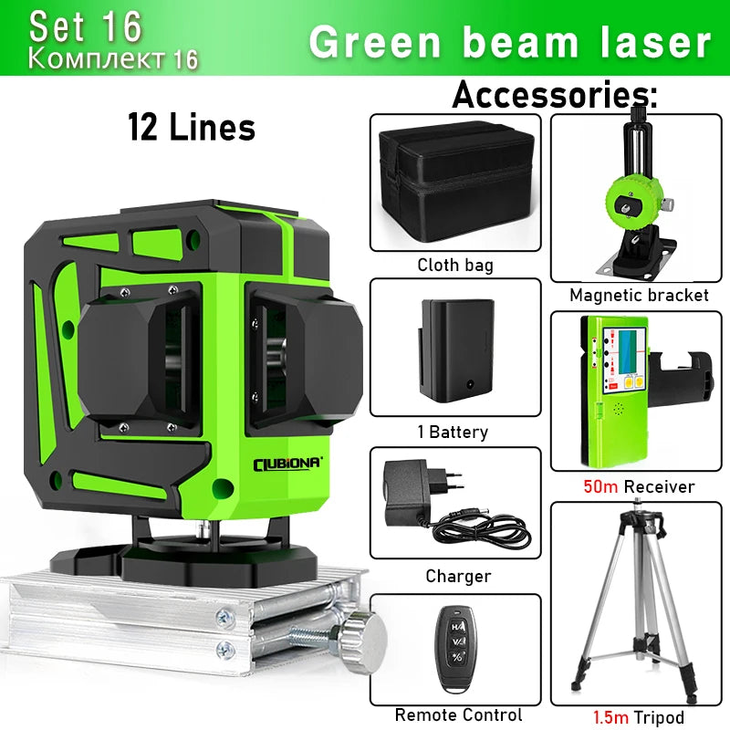 Clubiona Nivel Láser 16/12 Líneas Verde Autonivelante 360° Horizontal y Vertical, Rayo Verde Súper Potente, Herramienta de Nivelación con Modo de Pulso