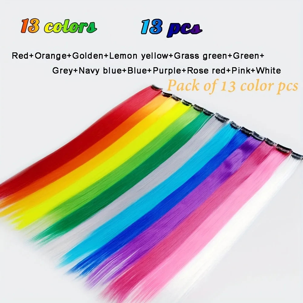 Extensiones de Cabello Liso para Niña, Extensiones de Cabello Sintético Multicolor Y2K, 13 Colores, Fiesta