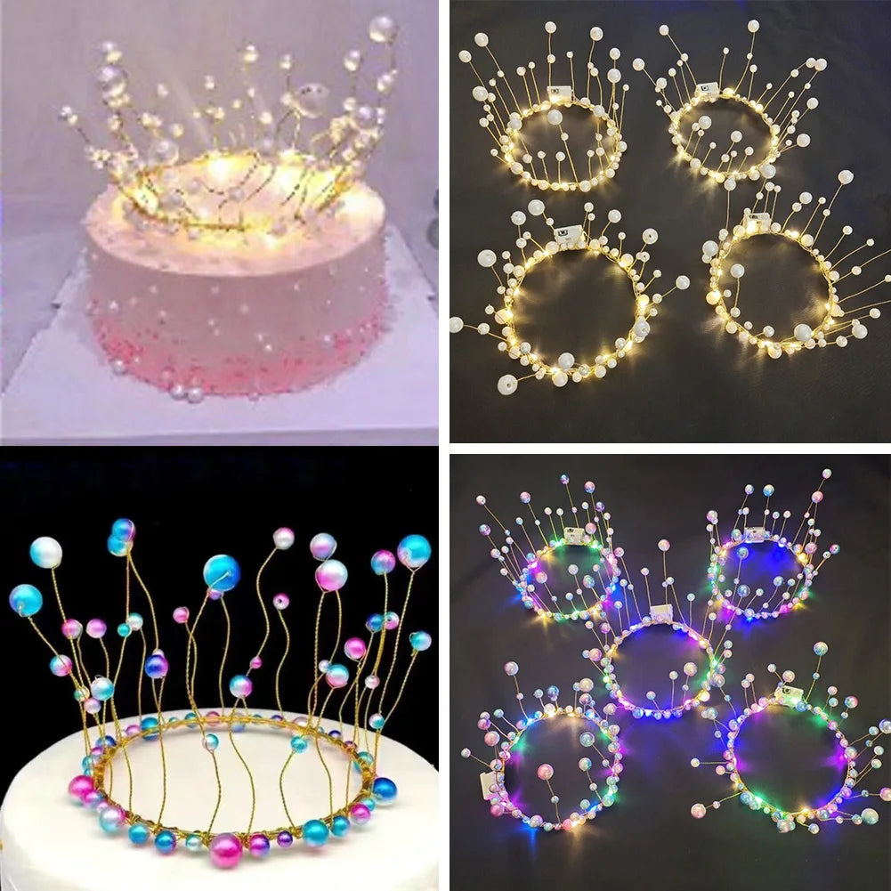 Corona de Pastel con Perlas y Luz LED - Decoración para Fiestas de Princesa, Cumpleaños y Bodas