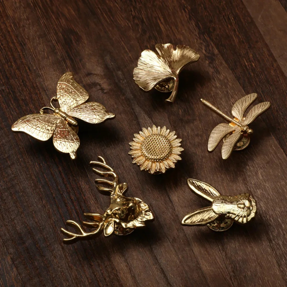 Pomo Dorado de Armario con Diseño de Animal Vegetal | Tiradores Elegantes para Muebles y Cajones