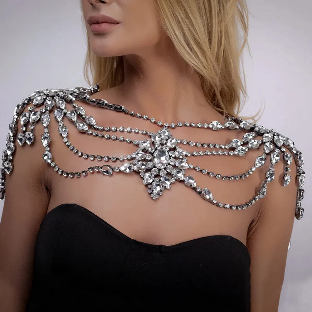 Collar de cadena bohemio nupcial de cristal, accesorios de lencería y joyería corporal, chal de cuentas para bodas y eventos