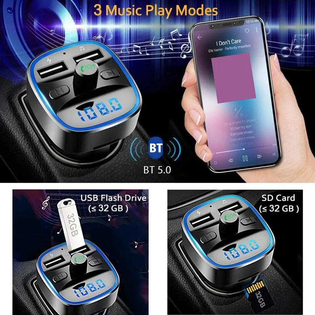 Transmisor FM Bluetooth 5.0 con Carga Rápida y Llamadas Manos Libres – Adaptador de Coche con Doble Puerto USB y Luz LED Azul