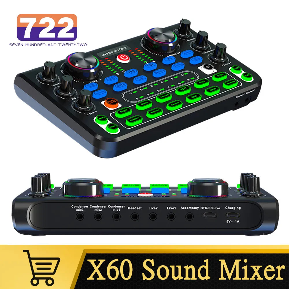 Mezclador de Sonido Portátil Profesional X60 con Tarjeta de Sonido en Inglés - Compacto y Conveniente para Transmisiones en Vivo y Canto en KTV