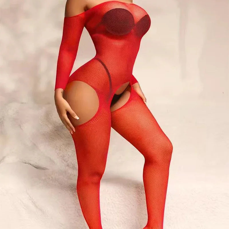 Bodystocking Crotchless Transparente para Adultos - Lencería Sexy y Erótica, Disfraz de Cuerpo Completo con Diseño de Rosa