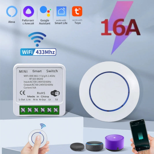 Interruptor Inteligente Tuya WiFi 16A/20A con Control Remoto 433MHz - Compatible con Alexa y Google Home