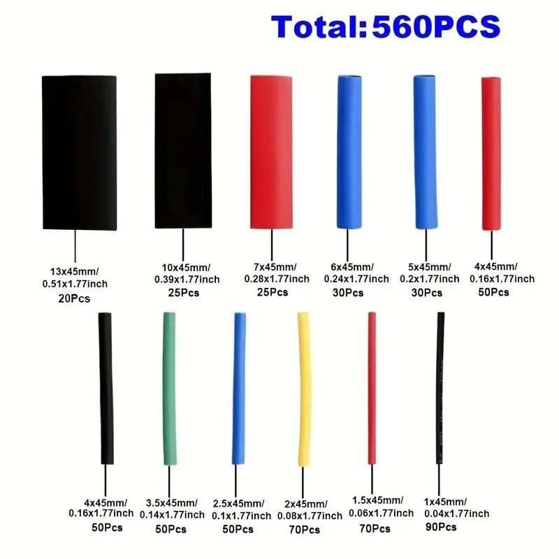 Set de Tubos Termorretráctiles de Poliolefina 2:1 - 164/560 Piezas Multicolor para Cables y Alambres