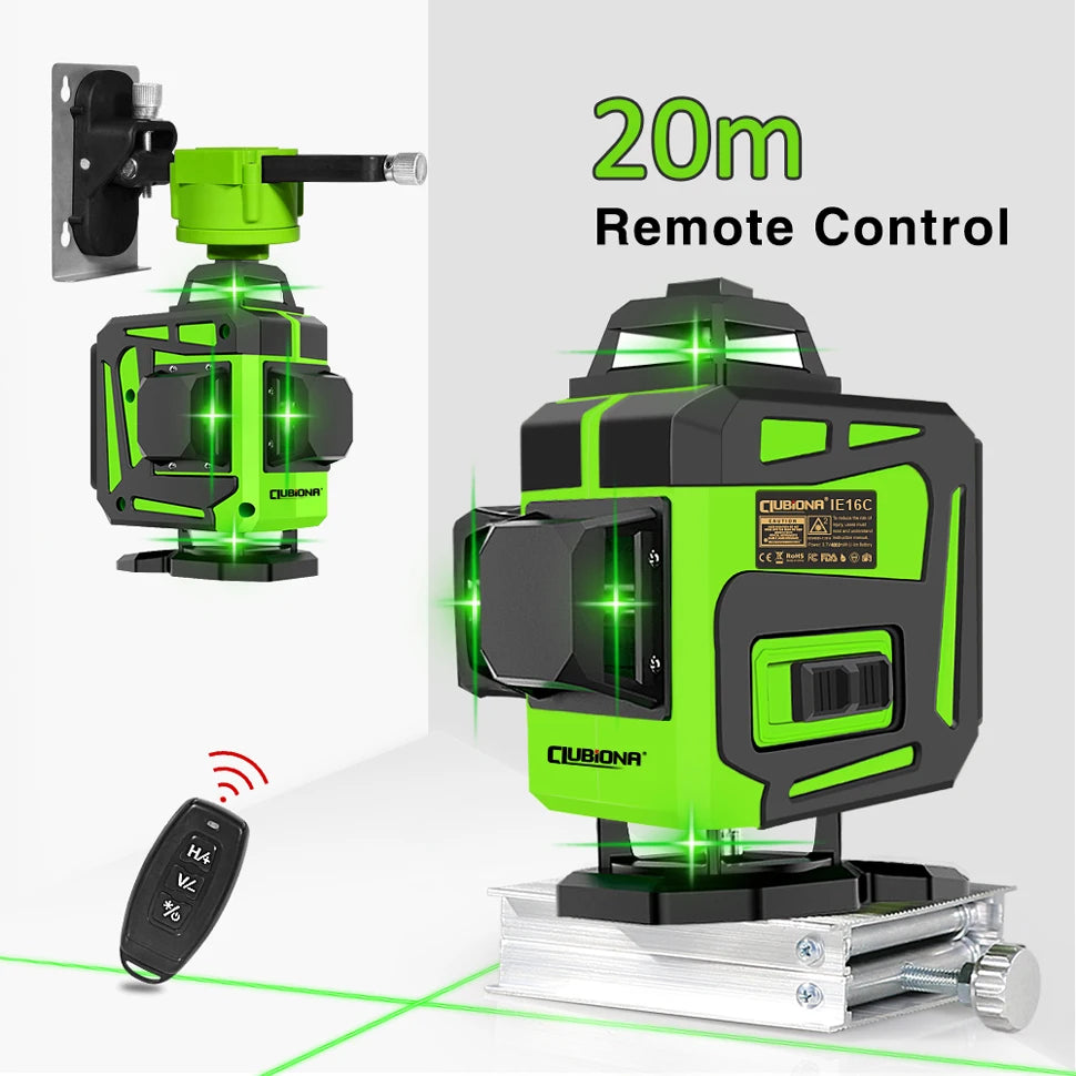 Clubiona Nivel Láser 16/12 Líneas Verde Autonivelante 360° Horizontal y Vertical, Rayo Verde Súper Potente, Herramienta de Nivelación con Modo de Pulso