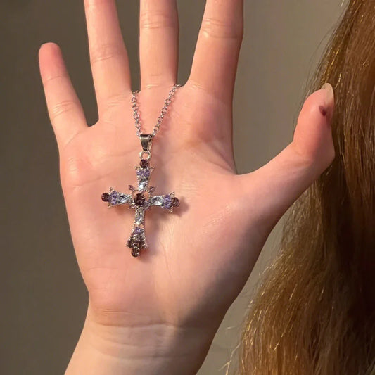 Collar Gótico de Cruz Rosa con Zirconia Púrpura - Necklace Y2K Punk de Corazón para Mujeres | Accesorios de Joyería Grunge