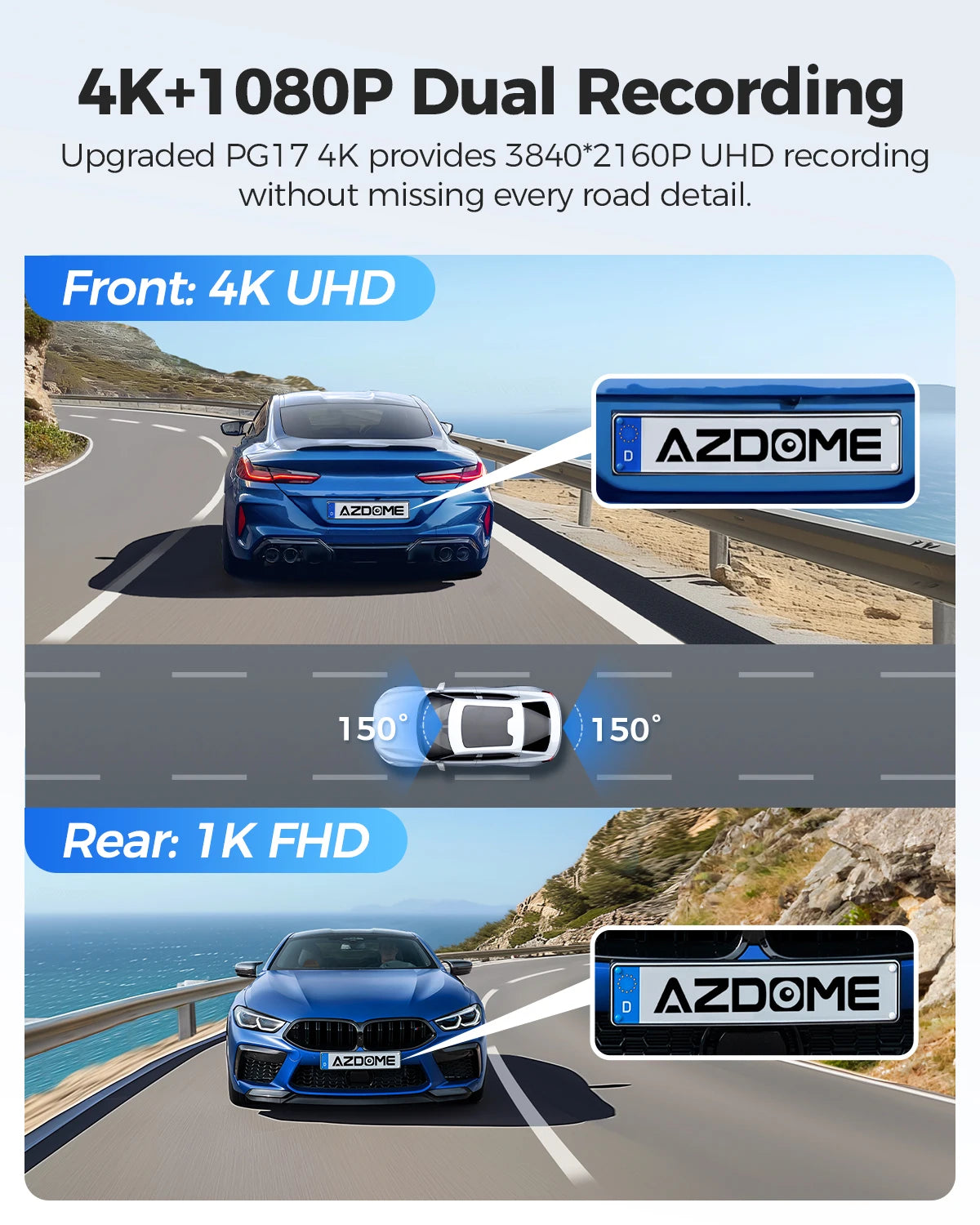 AZDOME PG17 12" WiFi Mirror Dash Cam - Cámara Dual 4K delantera y 1080P trasera