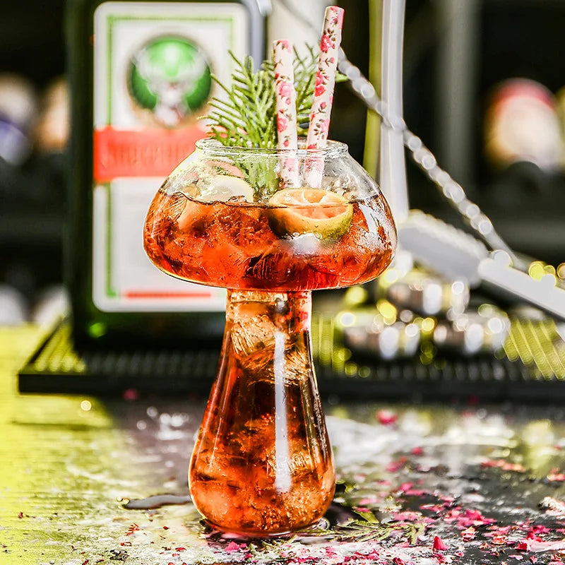 Copa de Cóctel en Forma de Hongo con Paja | Vaso Creativo para Bebidas, Cerveza, Vino y Café | Cristal Transparente para Bar y Bebidas