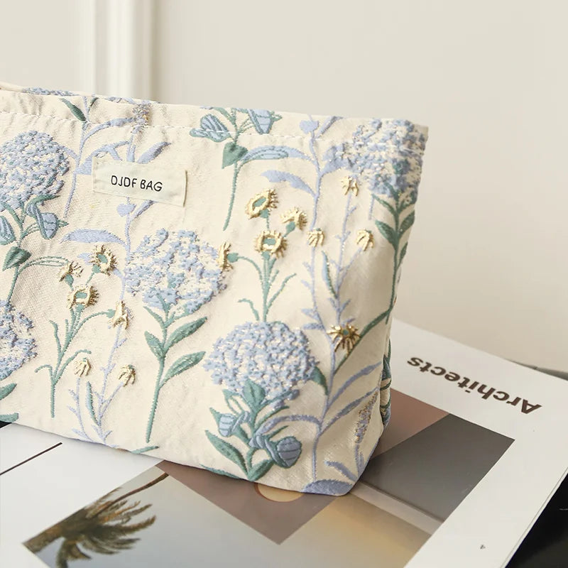 Bolsa de Maquillaje para Mujer - Diseño Floral Azul - Gran Capacidad y Versatilidad