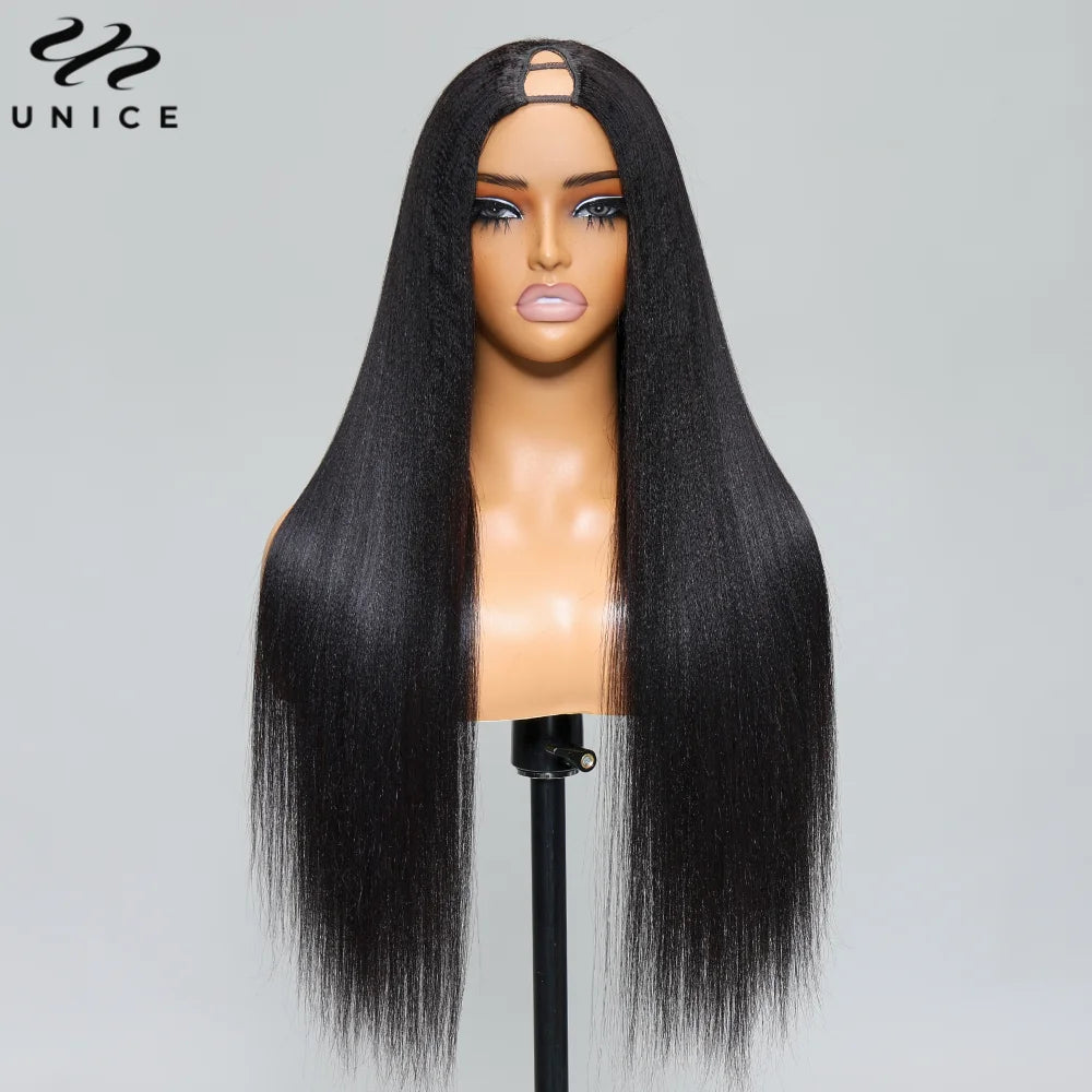 Peluca Yaki Recta en Forma de V, Cabello 100% Humano, Parte en U Mejorada, Sin Coser, Clip, Media Peluca