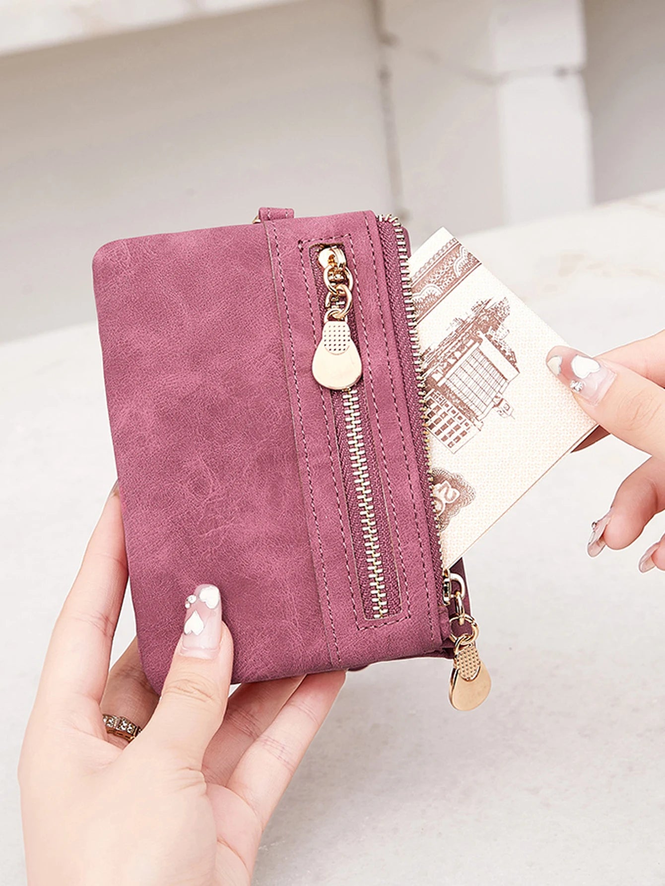 Vintage small double folding zipper with wrist strap short wallet, PU leather portable multi card wallet, with ID window