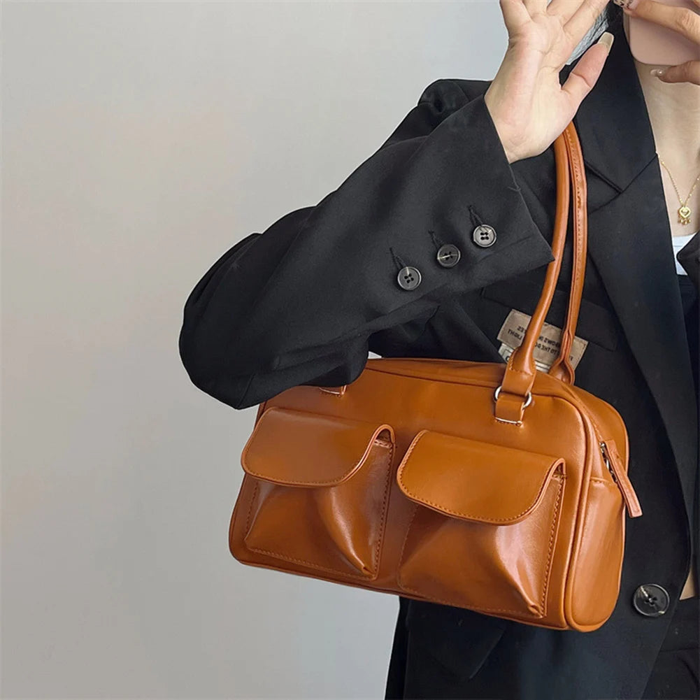 Bolso Hobo Retro para mujer, bolsa de compras de cuero PU, bolso de axila de diseño sólido, bolso de mano informal con doble bolsillo