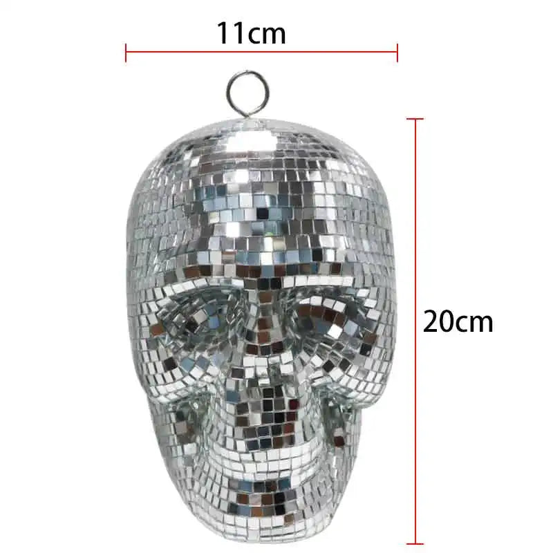 Bola de Discoteca Colgante de Calavera Plateada, Dorada y Púrpura - Adorno Reflectante de Espejo para Decoración Interior