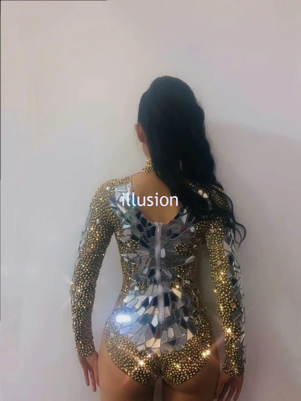 Body con Espejos de Diamantes de Imitación Dorados Brillantes para Mujer - Traje de Fiesta Ideal para Cantantes y Bailarinas