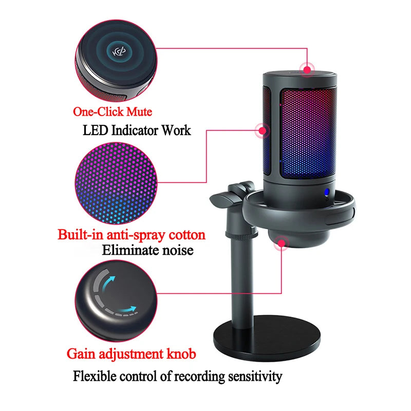 Micrófono USB Condensador Profesional con Luz RGB | Ideal para Grabación y Streaming | Compatible con PC y Laptop