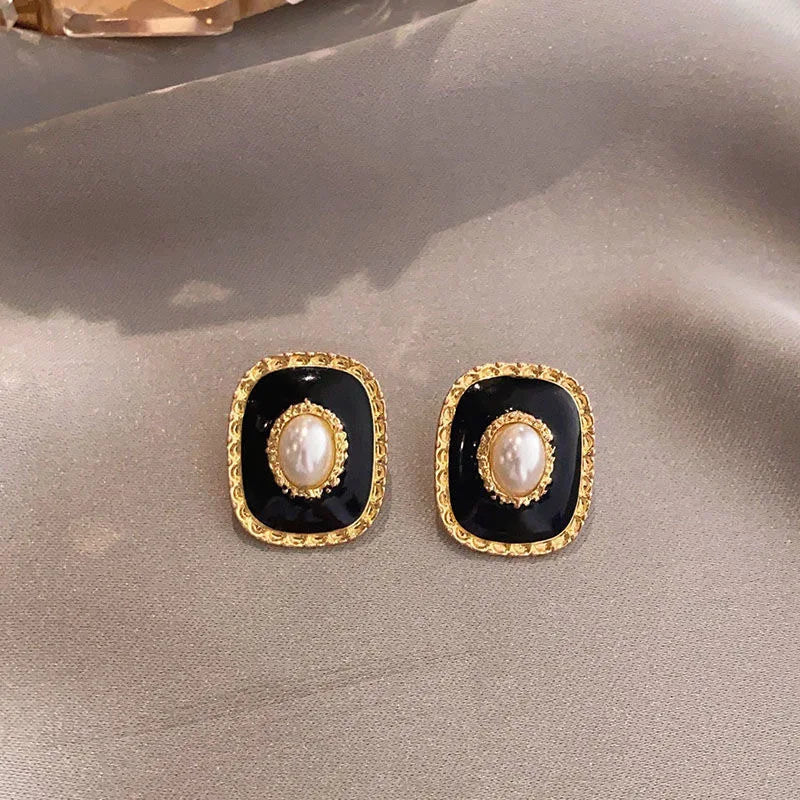 Pendientes Cuadrados de Perlas de Imitación para Mujer, Joyería Geométrica Única, Estilo Retro, Color Negro, Venta al por Mayor
