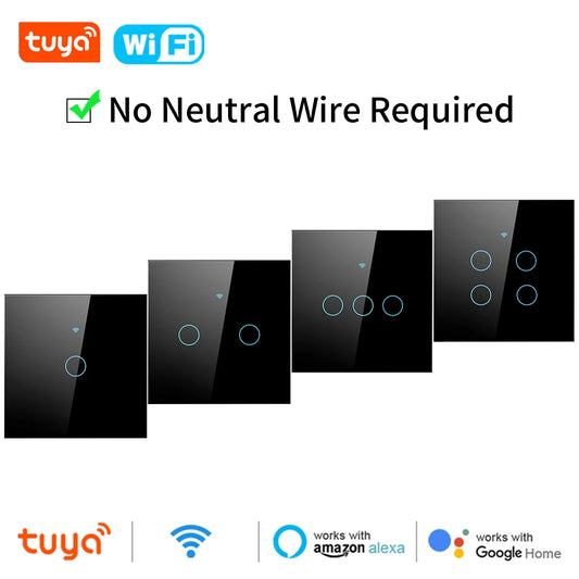 Interruptor de Luz Inteligente Táctil Wifi Tuya US/EU, Interruptores de Luz LED Inalámbricos con Control Remoto, No Requiere Cable Neutro, 1-4 Gang, Compatible con Alexa y Google Home