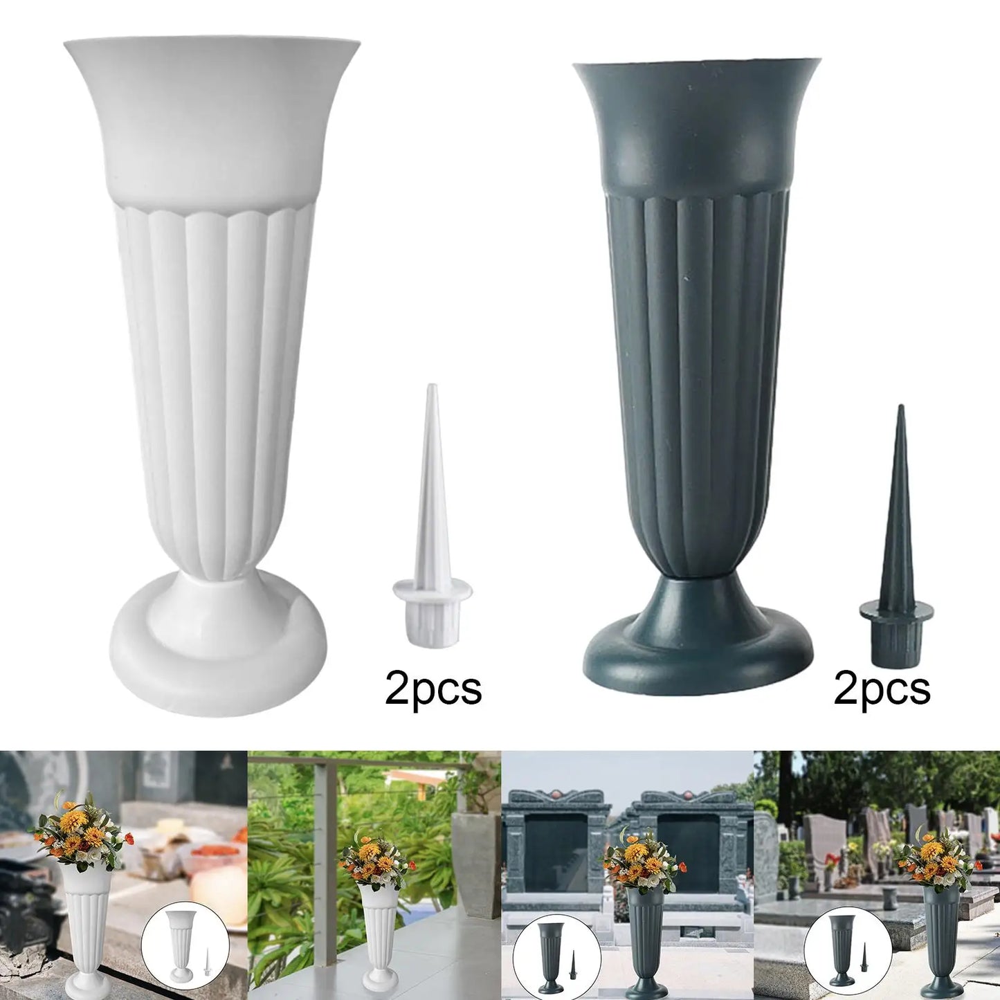 Jarrón Conmemorativo con Estaca y Base de Plástico para Exteriores - Decoración de Tumbas, Arreglo Floral, Paquete de 2