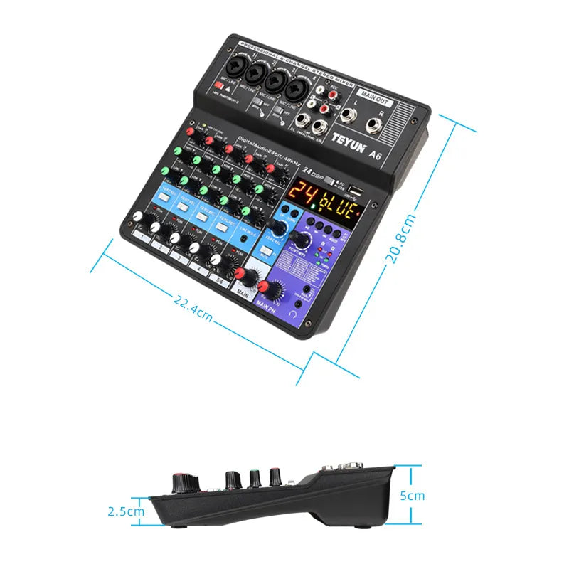 Controlador de Mezcla de DJ TEYUN Sound 6 Vías - Equipo Profesional de Mezcla de Audio, Consola Portátil para Electrónica de Consumo en Video
