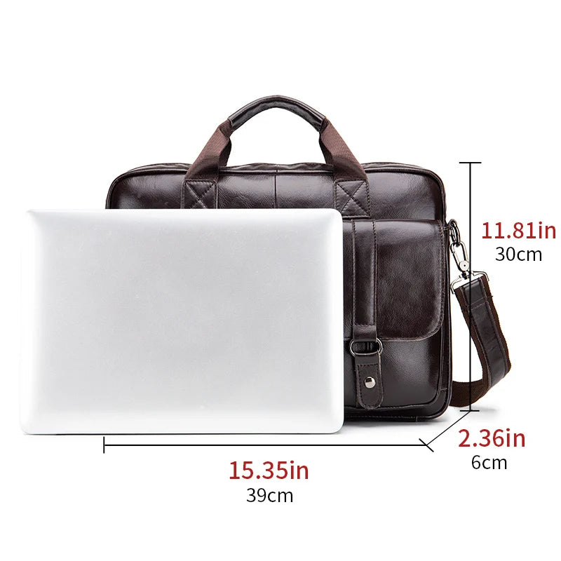 Maletín de Cuero Genuino para Hombre con Doble Bolsillo Frontal – Maletín de Gran Capacidad para Computadora y Bolsa de Mano Cruzada
