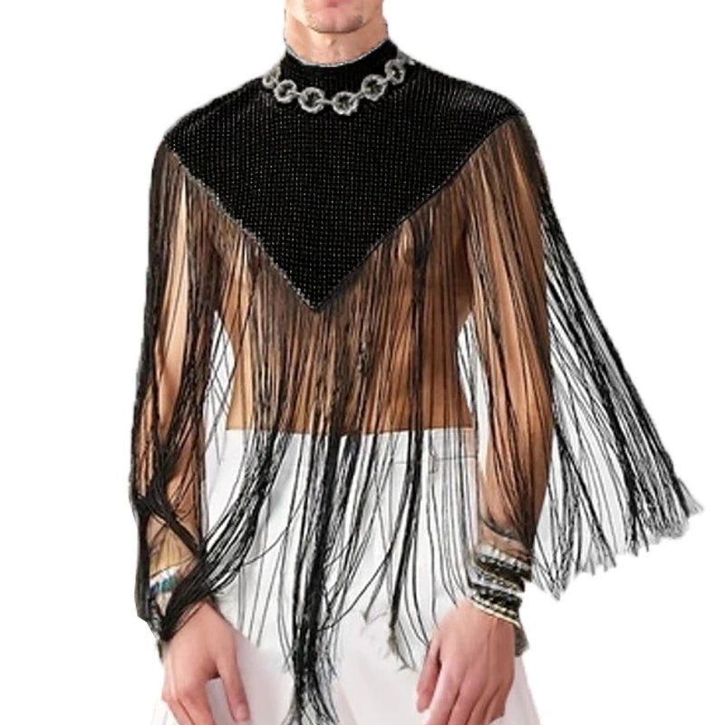 Camisetas sin Mangas Irregulares para Hombre, Chalecos de Moda con Cuello Alto de Retazos y Borlas, Ropa de Calle Sexy y Ponchos de Capa