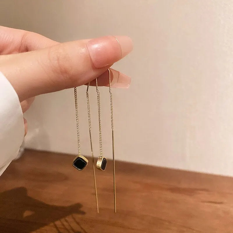Pendientes Geométricos Largos para Mujeres - Aretes en Forma de Cuadrado con Borlas Doradas, Moda Coreana, Joyería de Fiesta