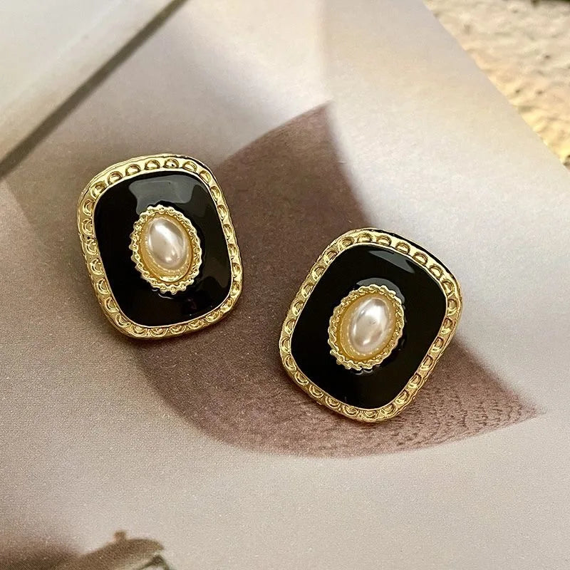 Pendientes Cuadrados de Perlas de Imitación para Mujer, Joyería Geométrica Única, Estilo Retro, Color Negro, Venta al por Mayor