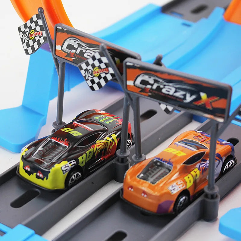 Pista de Carreras de Doble Pista con Rieles para Autos de Alta Velocidad – Set DIY para Niños | Juguete Interactivo de Coches de Inercia