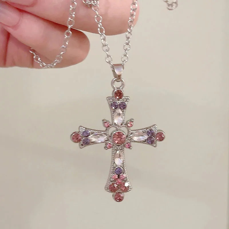 Collar Gótico de Cruz Rosa con Zirconia Púrpura - Necklace Y2K Punk de Corazón para Mujeres | Accesorios de Joyería Grunge