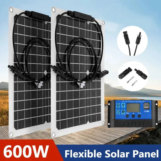 Panel Solar Flexible 30W-600W con Cargador Dual USB y Controlador 10A-100A – Energía Eficiente para Móviles y Vehículos