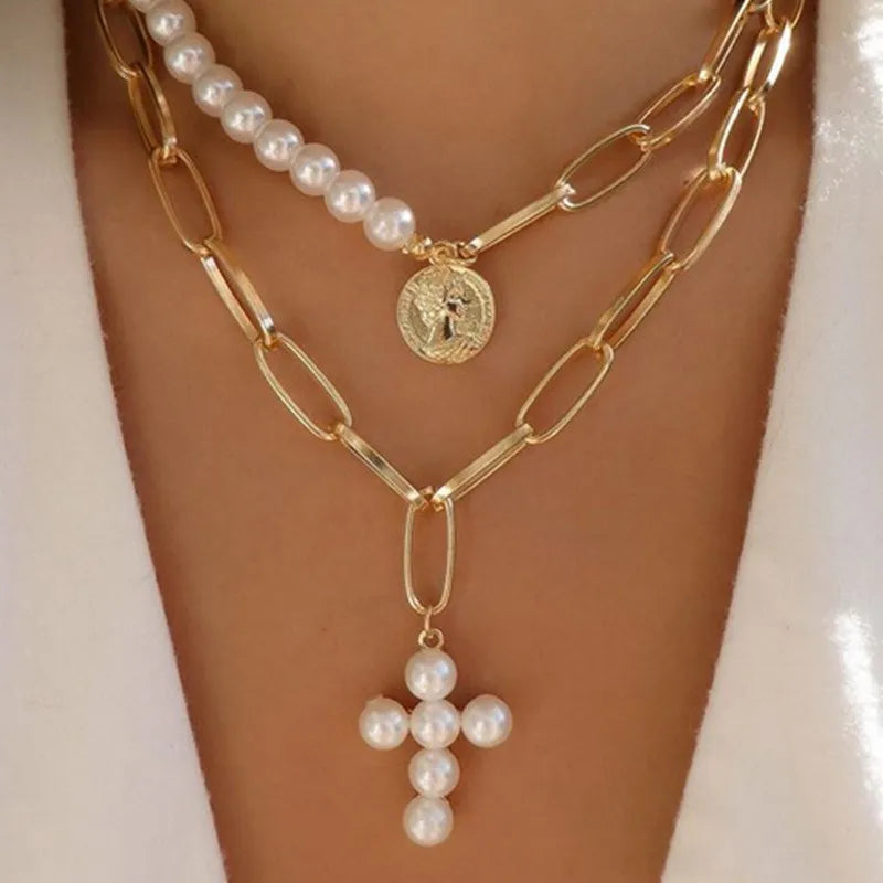 Collar de Pendant de Perlas con Cruz Y2K 2023, Joyería Hip Hop Retro para Mujeres, Collar Religioso con Cadena de Zircon, Regalos de Moda Punk para Fiestas